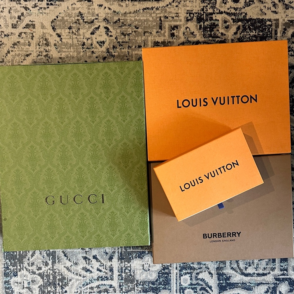 Louis Vuitton Orange Boxes with large Gucci box and Burberry box